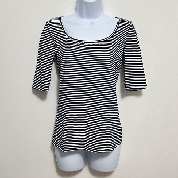 SALE!! P!phany Blue And White Striped Round Neck Elbow Sleeve Tee NWT XS - Picture 1 of 7